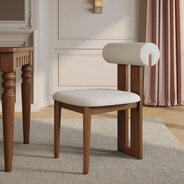 Beech wood and boucle fabric dining chair - brown and off-white