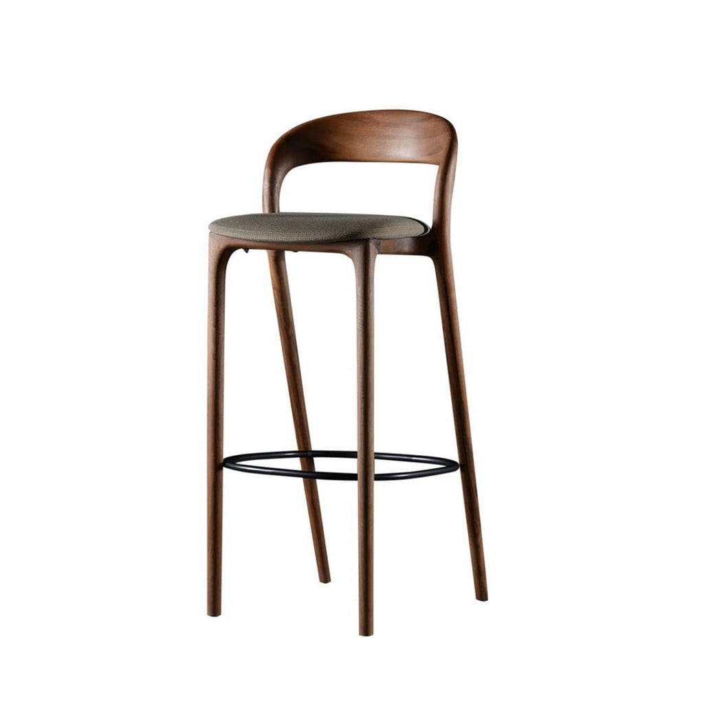 Beech Wood and Brown and Grey Linen Bar Stool - 42x102x50 cm