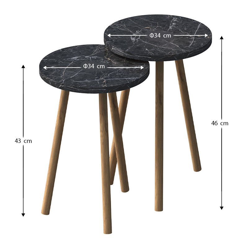 beanomart Coffee & Side Tables - Black Marble Effect, Side tables set of 2, Ø34 x 46 cm