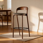 Beech Wood and Brown and Grey Linen Bar Stool - 42x102x50 cm