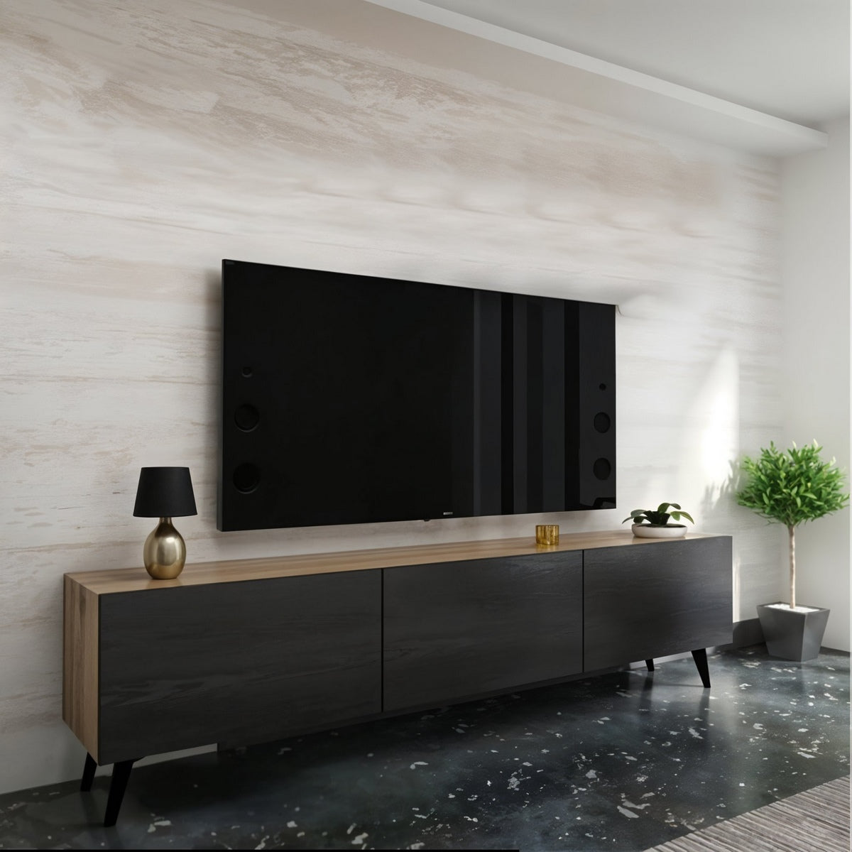 وحدة تليفزيون ام دى اف أسود و بيج - 180×34×44 سم