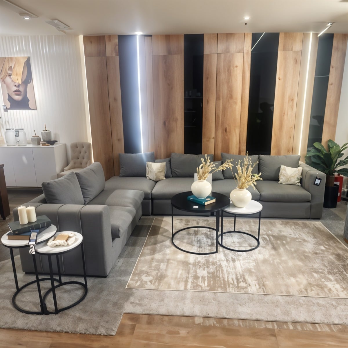 Modern sofa set, beech wood and linen fabric - grey
