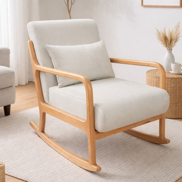 Red Beech Wood Rocking Chair with Beige and Off-White Velvet - 67x90x85 cm
