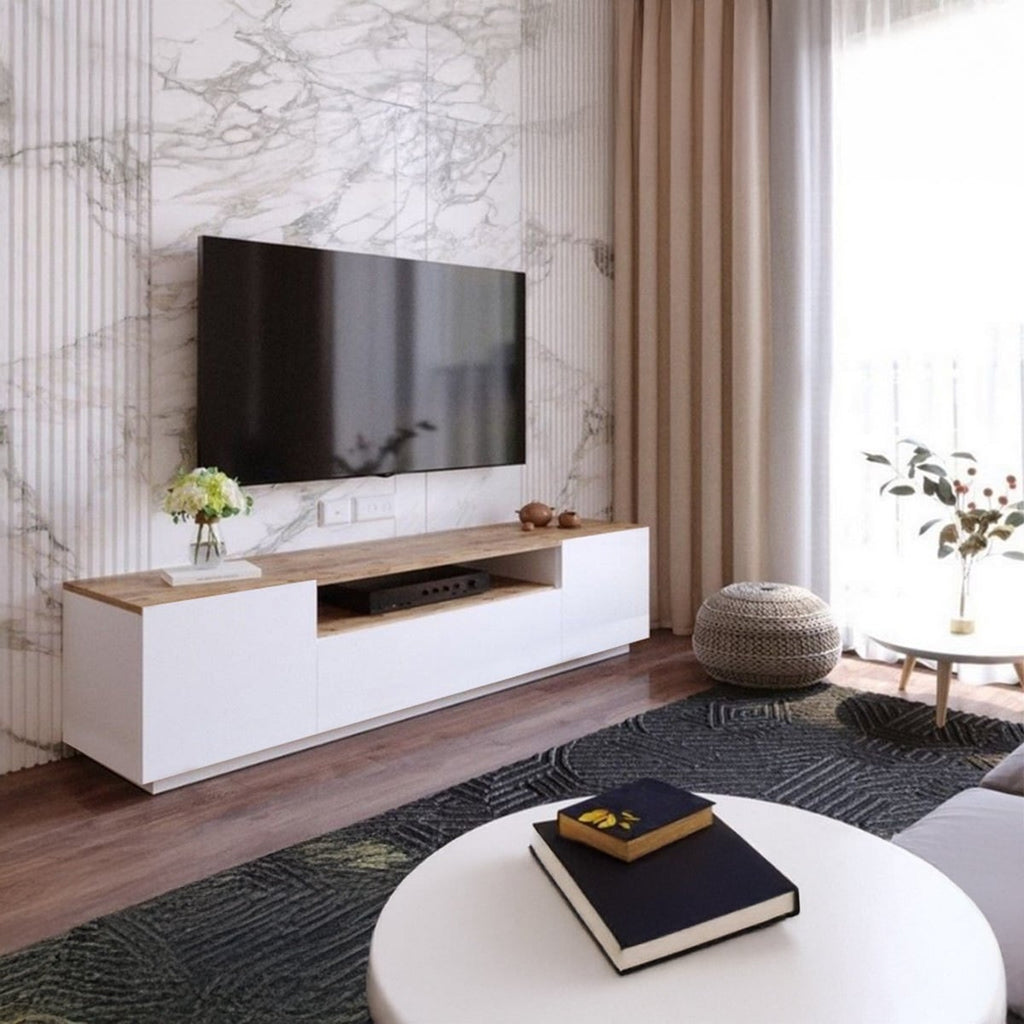 White and Beige EU Wood TV Unit - 180 x 36 x 30 cm