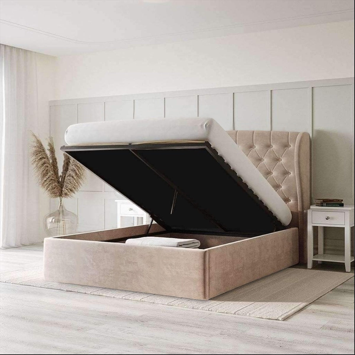 سرير فردي خشب كونتر و قماش قطيفة 120×120×200 سم - بيج
